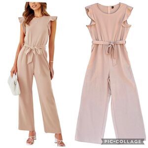 Tan Jumpsuit Women Size X-Large Cap Sleeve Crew Neck Fabric Belt Long Wide Legs